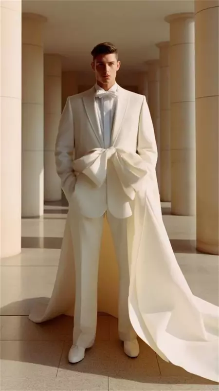 Jaqueta de trem longo personalizada para homens, conjunto de ternos masculinos brancos, blazer e calça 2 peças, passarela luxuosa, noivo de baile, casaco smoking casamento