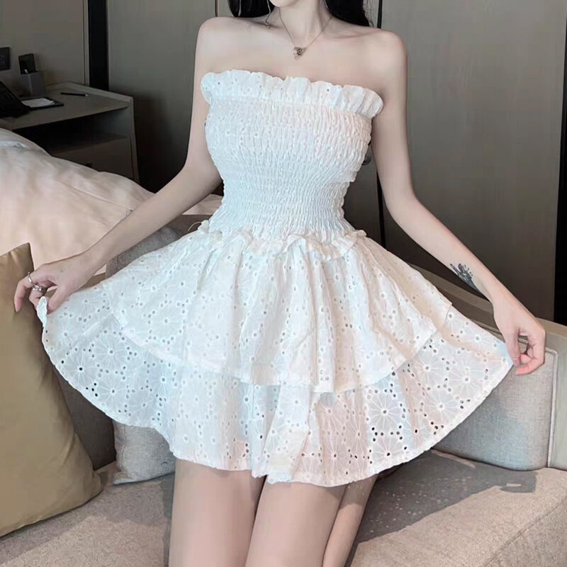 Mini vestido sem alças Houzhou-White Lace, Sweet Sexy, Sem encosto, Cintura Cintura, Ruffle, Casual, Magro, Festa, Férias, Curto