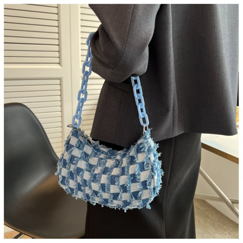 Vintage Colorful Women Casual Shoulder Underarm Bags Plaid Pattern Printing Denim Small Purses Chain Leisure Handbags