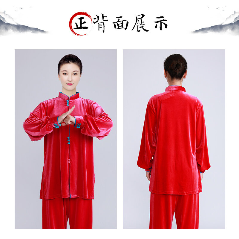 فستان نسائي Wudang Taiji الفاخر من المخمل الذهبي ، ملابس ممارسة الترتان ، نمط طويل سميك ، خريف وشتاء