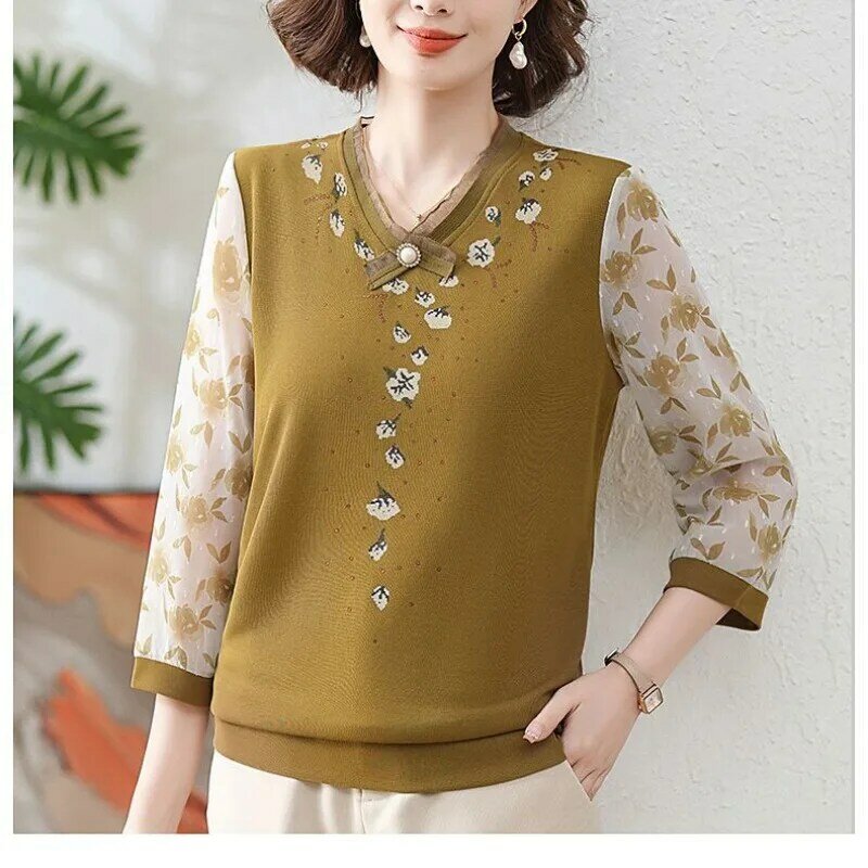 2024 Women's Spring and Summer New Fashion Commute V-Neck Spliced Lace Bow Beading Printed Loose Gauze 3/4 Sleeve T-shirts Tops