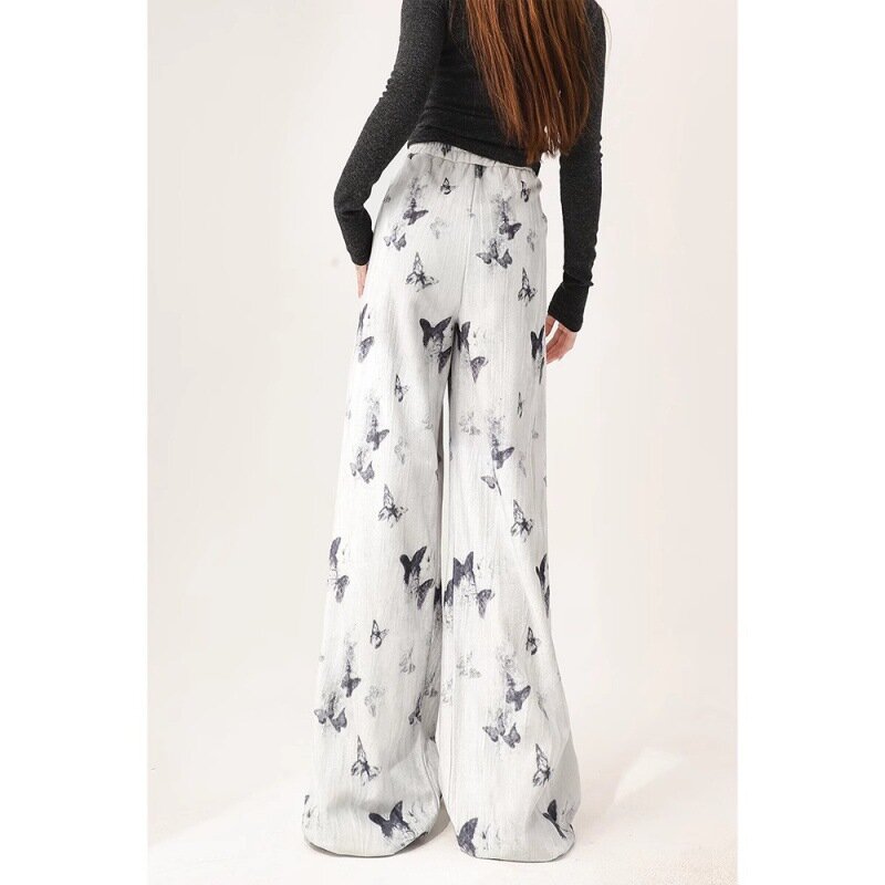 Calça casual de chiffon borboleta com tinta feminina, calça comprida de perna larga larga larga, verão, nova, estilo chinês, 2024