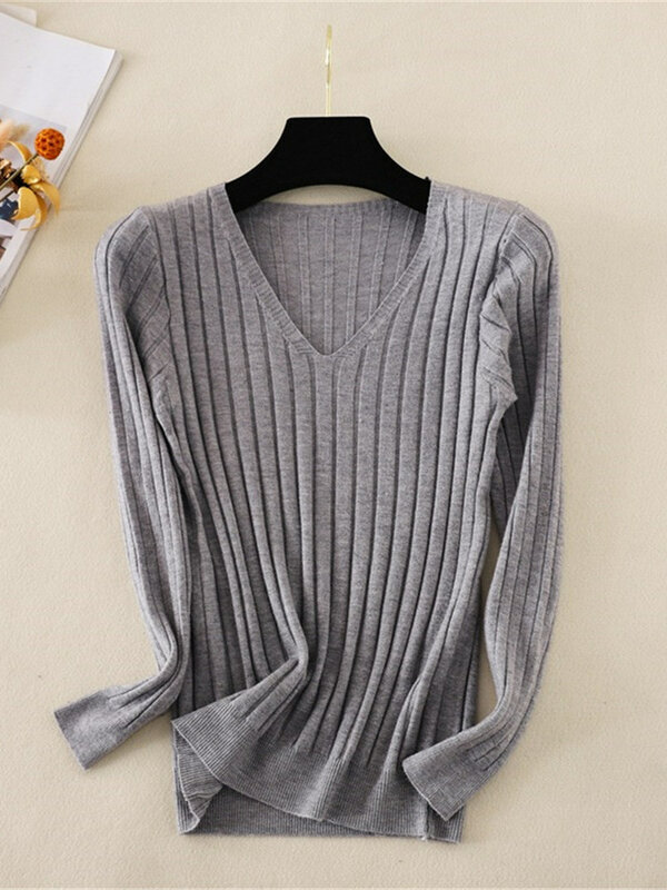 2022 Autumn Winter Basic V-neck Solid Sweater Pullover Women Knitted Sweater Slim Long Sleeve Badycon Sweater Female Soft Jumper