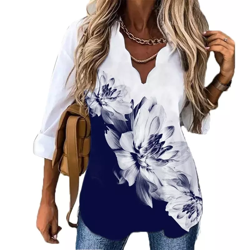 Женская свободная футболка с цветочным принтом, длинным рукавом и глубоким V-образным вырезом
