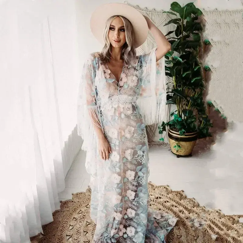 Embroidery Maternity Photography Long Dresses See Through  Pregnant Woman Photo Shoot Dresses