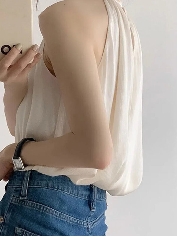 Summer Minimalist Basic Women's Beige Sleeveless Top New Fashionable Solid Color Slim Fit Sweet Women French Neck Hanging Top