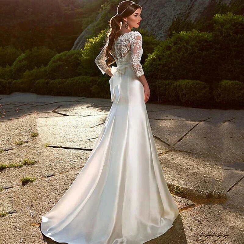 2023 Vintage długie rękawy koronkowe suknie ślubne syrenka dla panny młodej satynowe suknie ślubne ElegantSize Custom Made Vestido Novia Robe