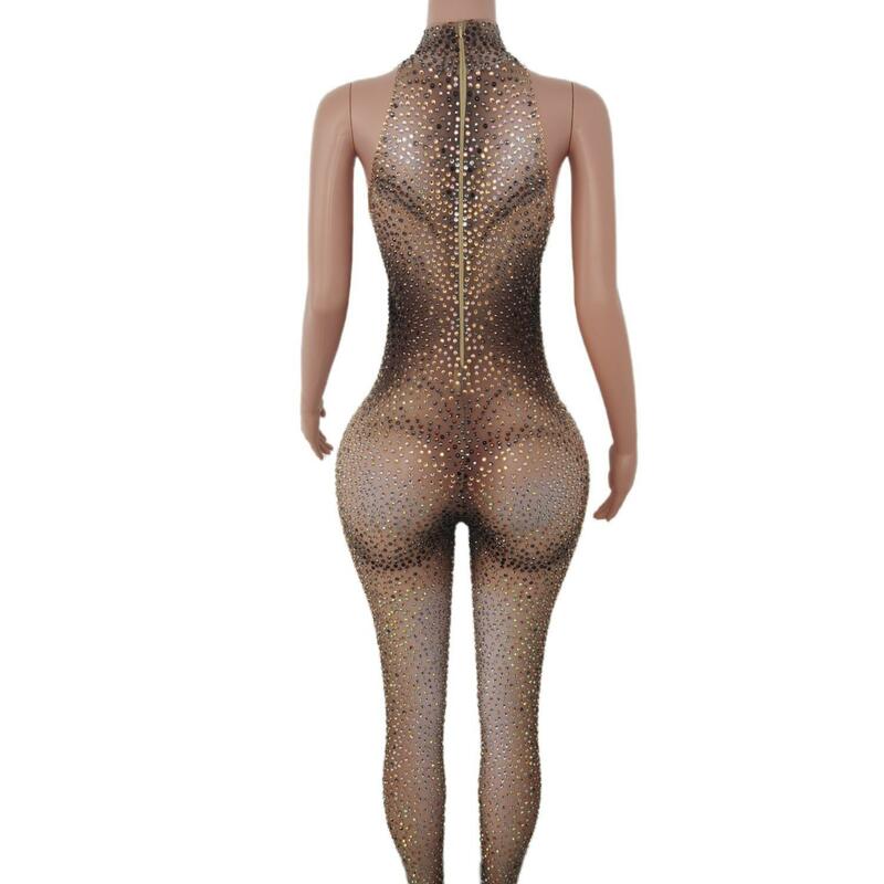 Shiny Elastic Mesh Party Romper Diamonds Club Outfits for Women Stretch Combinaison Femme Sleeveless Pole Dance Clothes