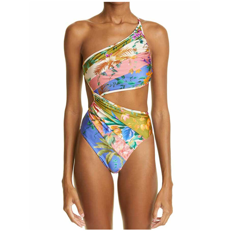 여성용 빈티지 꽃무늬 컷아웃 원숄더 수영복 원피스, 컬러블록 꽃무늬 프린트 비키니 2024, 럭셔리 비치 의상 수영복