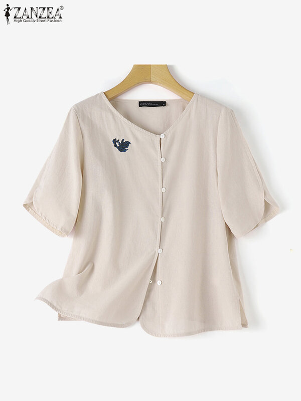 Blusa feminina de meia manga, camisa vintage, bordado floral, OL elegante, tops de trabalho, camisa solta casual, verão