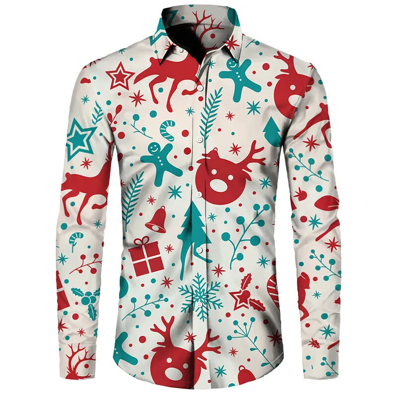Camisas con temática navideña para hombre, Tops con estampado 3D, trajes de vacaciones, camisas de manga larga con solapa, XS-6XL de invierno, 2024