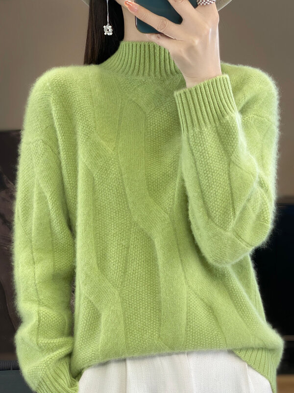 Nowy szykowny damski sweter z kwiatowym swetrem z dekoltem 100% merynosów wełniana dzianina solidna miękka ciepła prosta, na co dzień zimowa odzież