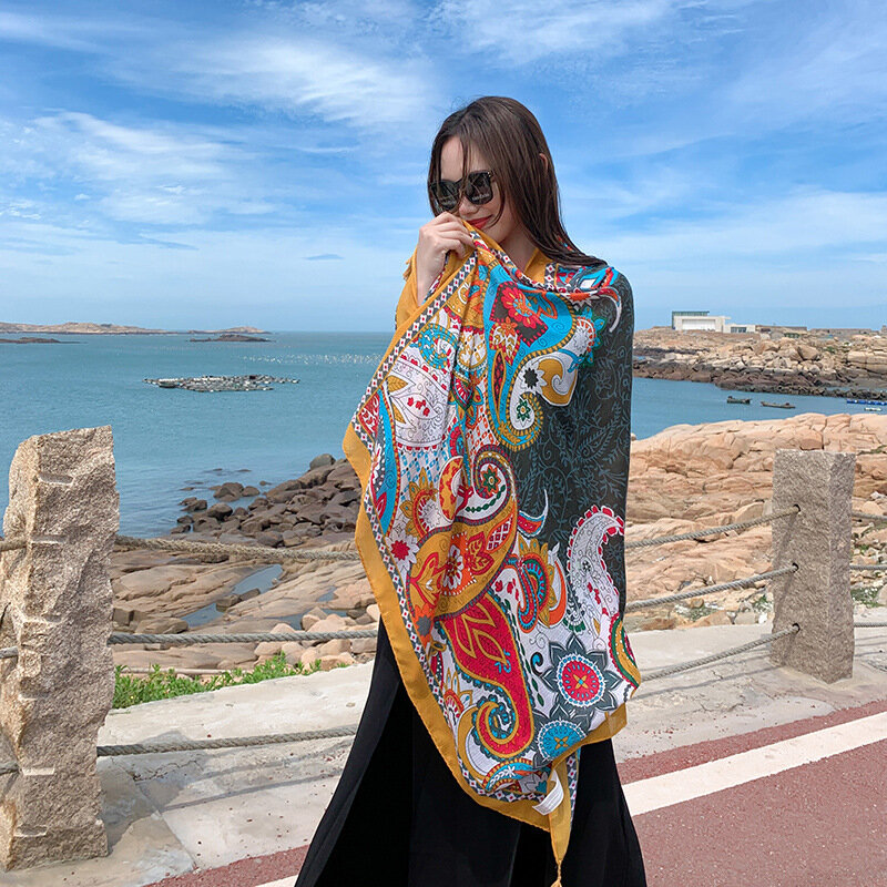 2023 New Luxury Brand Beach Scarf Women Print Shawl Summer Sunscreen Wrap Large Neckerchief Female Design Hijab Cotton Bandana