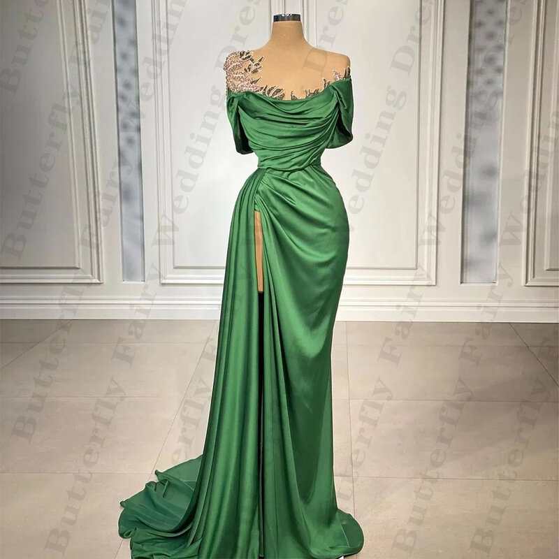 Gaun malam Satin wanita, cantik mewah mode Formal bahu terbuka lengan pendek potongan tinggi sederhana mengepel gaun Prom untuk wanita