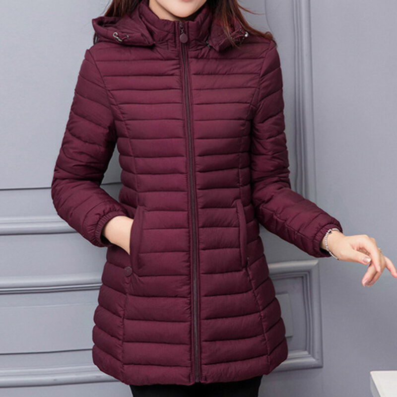 Mantel bulu angsa wanita, jaket ritsleting hangat lengan panjang musim dingin cocok untuk belanja