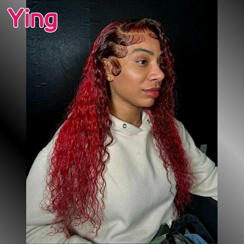 Ying 12A 200% Omber Wig tanpa lem 13x4 gelombang keriting merah tua Wig rambut manusia 13x6 Wig rambut manusia renda depan mulus dengan rambut bayi