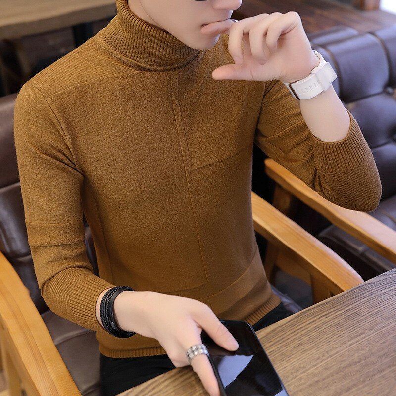 2022 корейский Тонкий Однотонный свитер с воротником «хомут», мужской зимний теплый вязаный свитер с длинным рукавом, Классическая однотонная Повседневная Нижняя рубашка