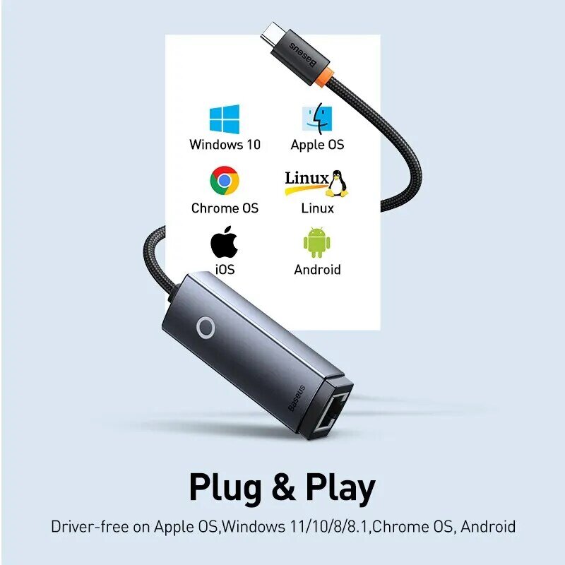 Baseus-Adaptador USB C a Ethernet para ordenador portátil, tarjeta de red RJ45, de aluminio, Gigabit, para MacBook Pro de 1000/100Mbps