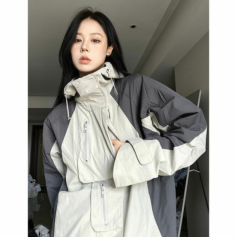 HOUZHOU 여성용 빈티지 야외 재킷, Y2k 스트리트웨어, 방수 오버사이즈 후드, 하라주쿠 바람막이 코트, 한국 패션, 가을