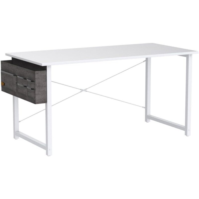 Computer Writing Desk 55 inch, Sturdy Home Office Table, Work Desk with A Storage Bag and Headphone Hook, White + White Leg