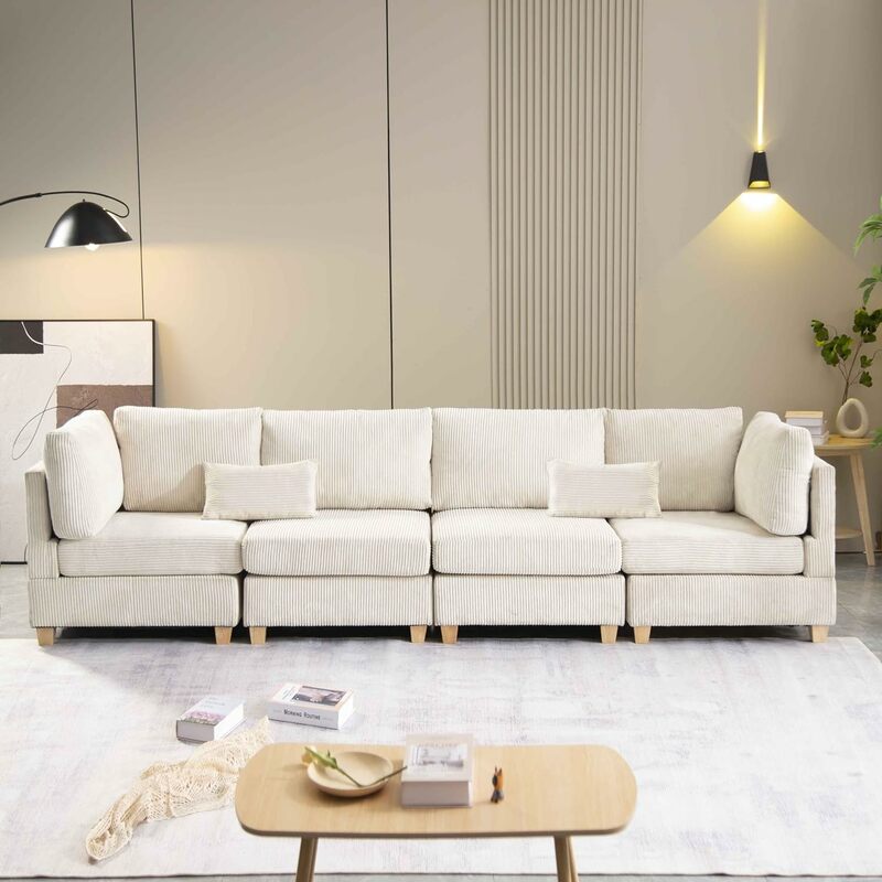 Sofa bentuk L dengan Ottoman bergerak, kombinasi gratis sofa sudut berlapis kain korduroi dengan kaki kayu dan bantal tebal