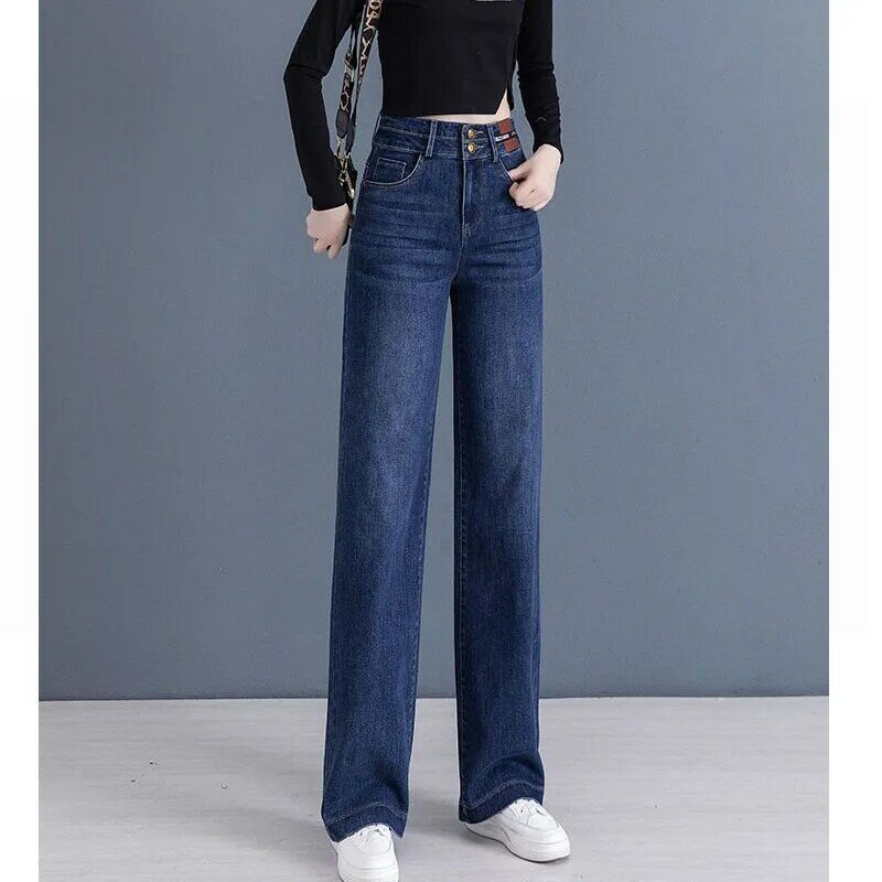 Dameskleding Mode Eenvoud Hoge Taille Jeans 2023 Lente Herfst All-Match Knoop Vintage Wijde Pijpen Denim Broek Voor Dames