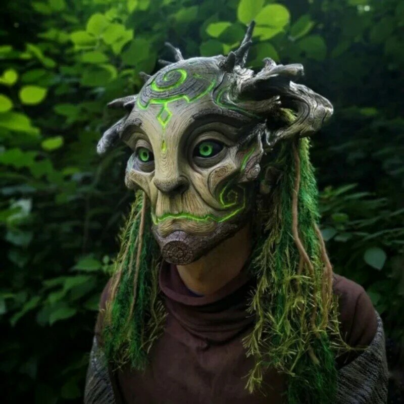ハロウィーンの木古い男の怖いホラーマスク、森の緑の精神、王、不気味なゴースト、不気味な女性のマスク、カーニバルパーティーのアクセサリー