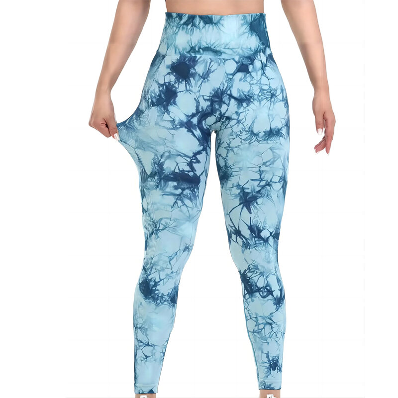 Celana Yoga Fitness Wanita, bawahan ikat celup tanpa jahitan persik pinggang tinggi regang