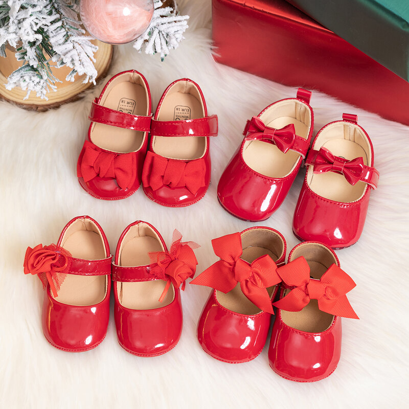 حذاء من الجلد الصناعي بعقدة فيونكة حمراء للفتيات الصغيرات ، أحذية ماري جين مسطحة للأطفال حديثي الولادة ، أحذية أميرة للأطفال الصغار ، حفل زفاف ، مشاية أولى