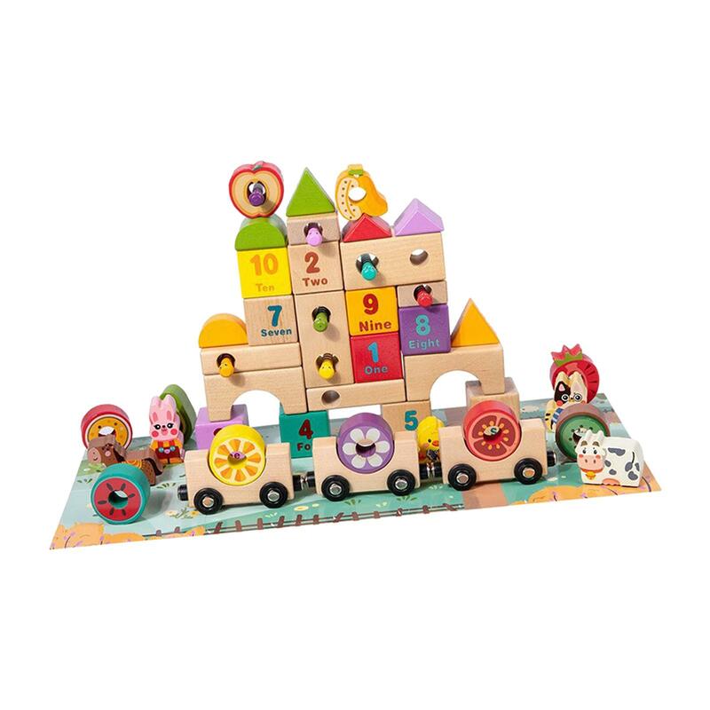 Set blok bangunan kayu, mainan Montessori untuk hadiah ulang tahun Tahun Baru