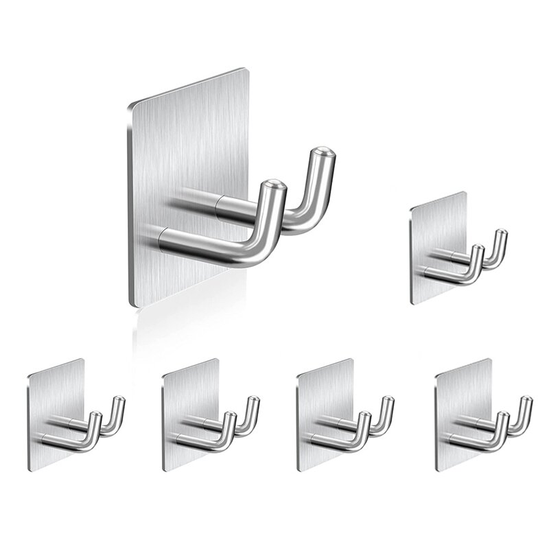 New-6Pcs Adhesive Hook, Stainless Steel Towel Robe Shaver Wall Hook Sticky Hanger For Bathroom Kitchen