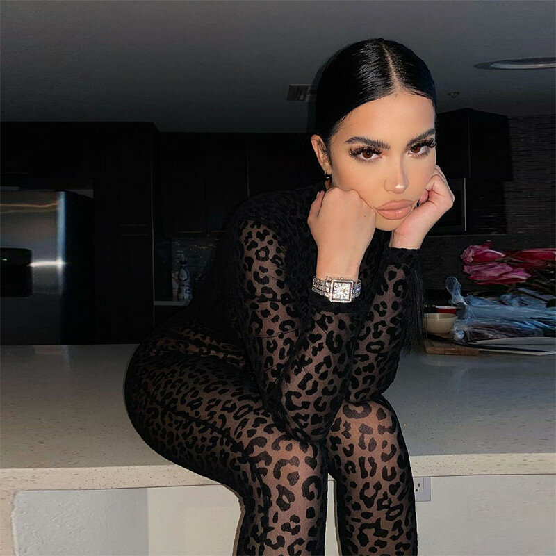 Women Sexy Leopard Print Jumpsuit O-neck Long Sleeve See Through Bodystocking Rompers Sexy Long Pants Midnight Clubwear