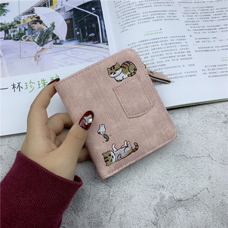 Xiuya Borduurwerk Kat Womens Portemonnee Prachtige Leuke Mode Eenvoudige Leren Korte Kaart Portemonnee Casual Koreaanse Stijl Dames Nieuwe Tassen