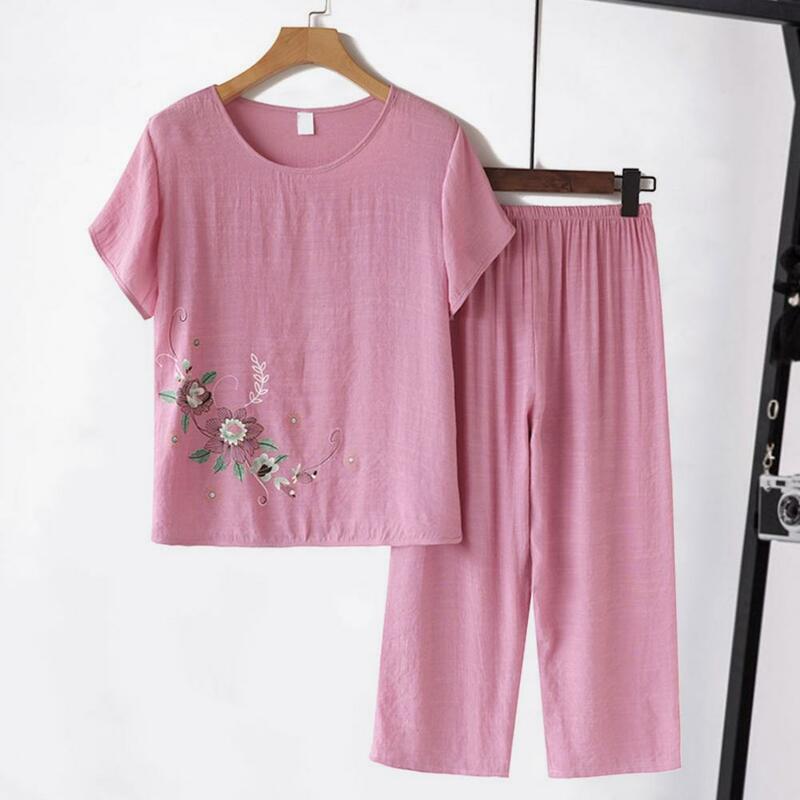 Set pakaian musim panas wanita, 2 buah/Set atasan dan celana crop motif bunga cetak kaki lebar