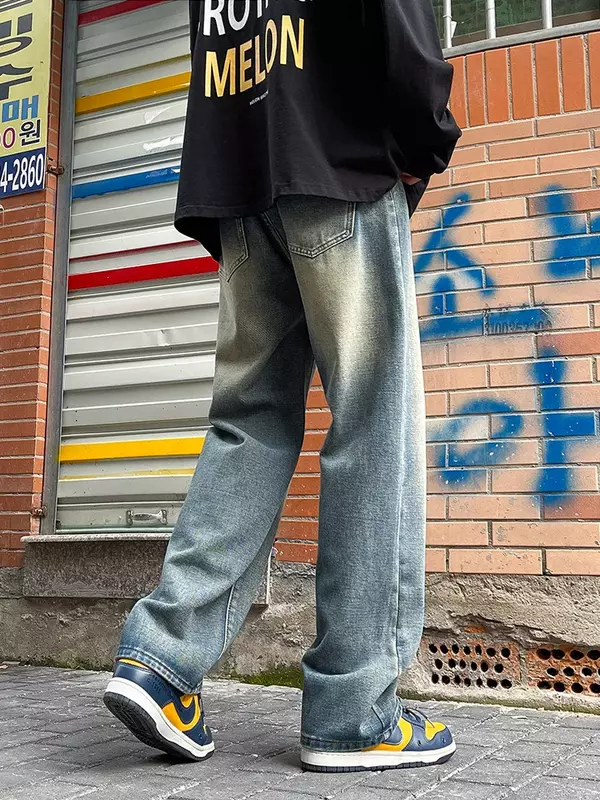 Celana Jeans pria lurus kasual gaya Korea, celana Denim kaki lebar biru antik dengan bantalan pinggang 2024