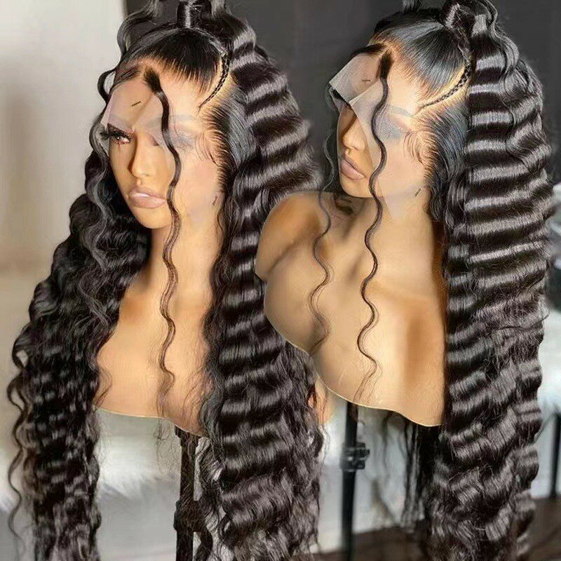 Peruca dianteira do laço para mulheres, cabelo ondulado profundo longo, cabelo humano afro, Ombre Black Parted