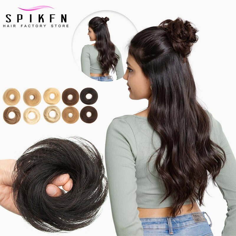 Pedaços de cabelo bagunçados para mulheres, Scrunchie reto, Updo com elástico de borracha, extensão de cabelo humano, rabo de cavalo Chignon Donut