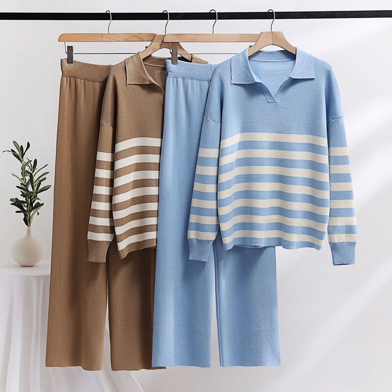 Winter Knit Two Piece Set Striped Sweater Pajamas Women Knit Home Suit Knitted Two Piece Pants Sets for Women Tracksuit 2024