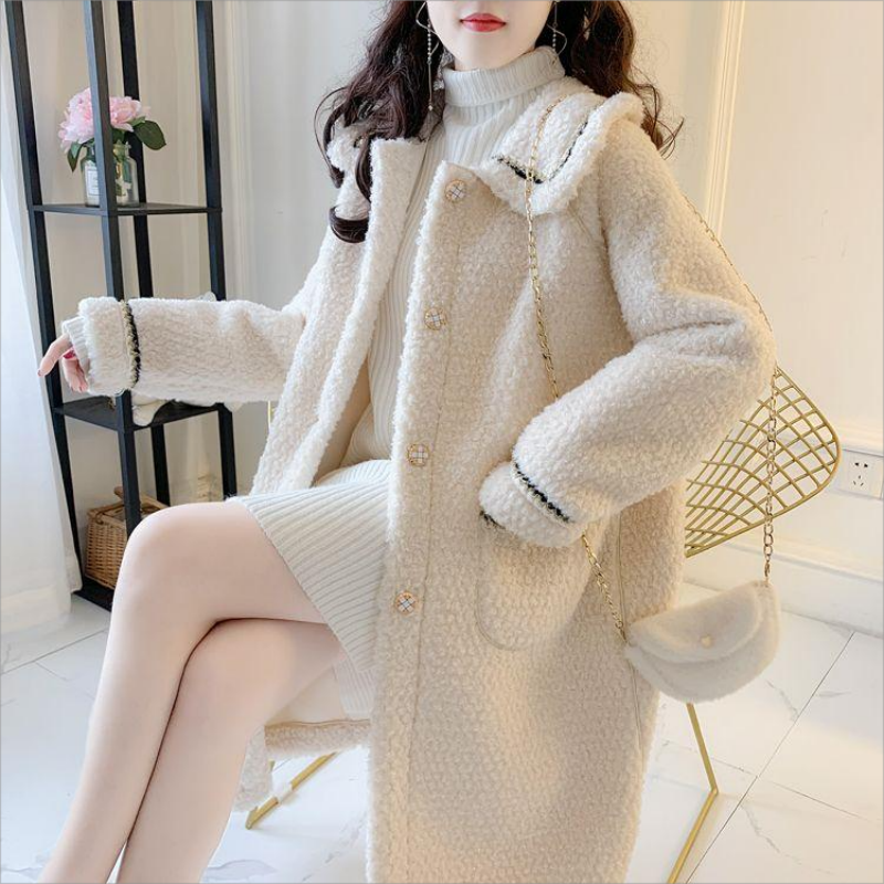 Jesień i zima zagęszczona nowa 2023 koreańska wersja długiej imitacji płaszcz z wełny jagnięcej kobiecego płaszcza wełnianego