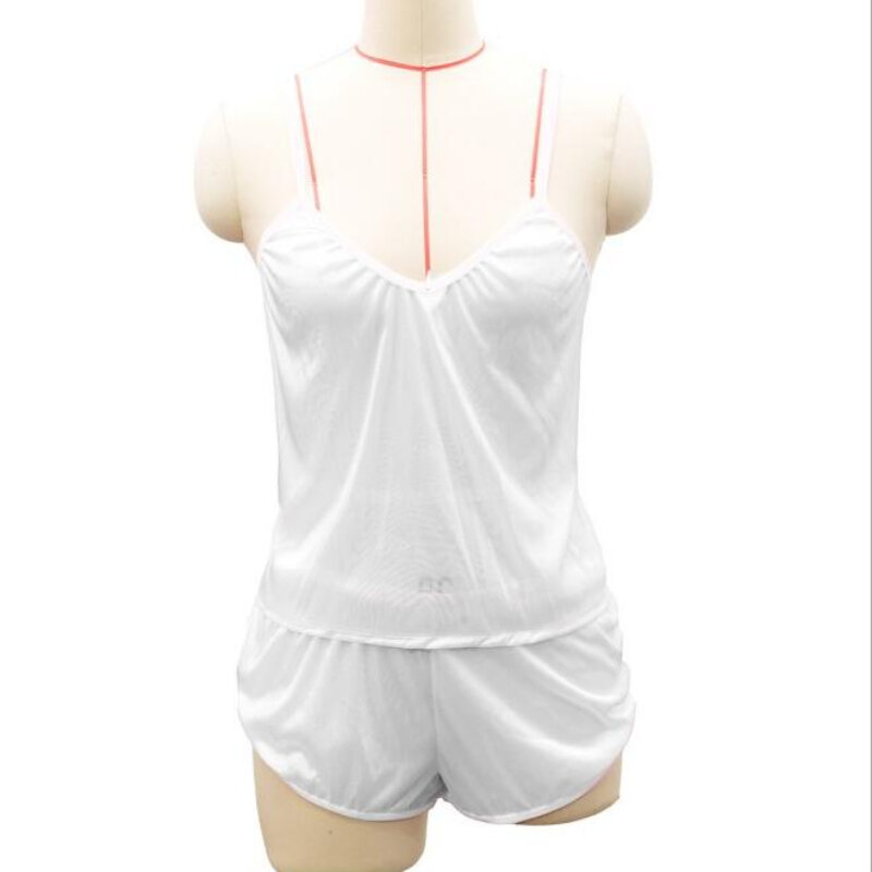Set piyama wanita seksi pakaian tidur untuk wanita, atasan tanpa lengan Spaghetti + celana pendek, baju tidur wanita leher V musim panas
