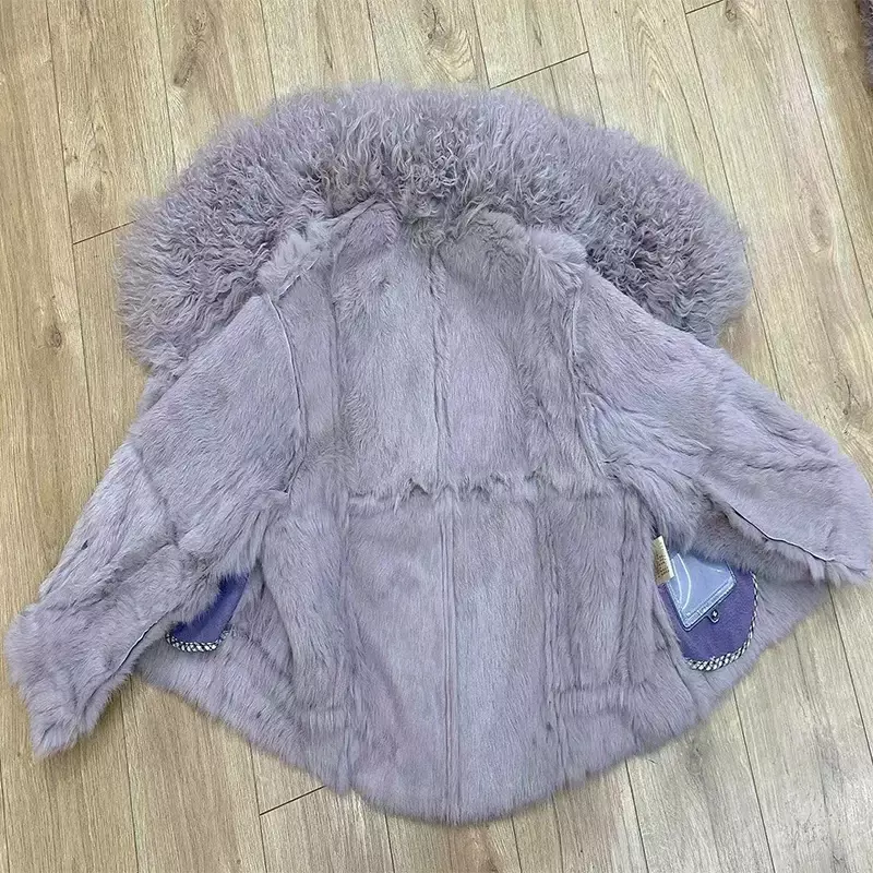 Winter Women's Fur, Natural Rabbit Skin Lining, Sheepskin Collar Jacket, Women's Leather Jacket, Warm And  Sheepskin Coat