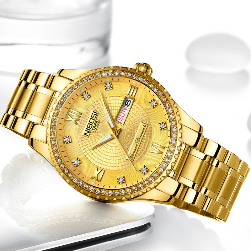 Брендовые роскошные золотые кварцевые часы NIBOSI для мужчин и женщин из нержавеющей стали водонепроницаемые наручные часы для влюбленных с отображением недели и даты