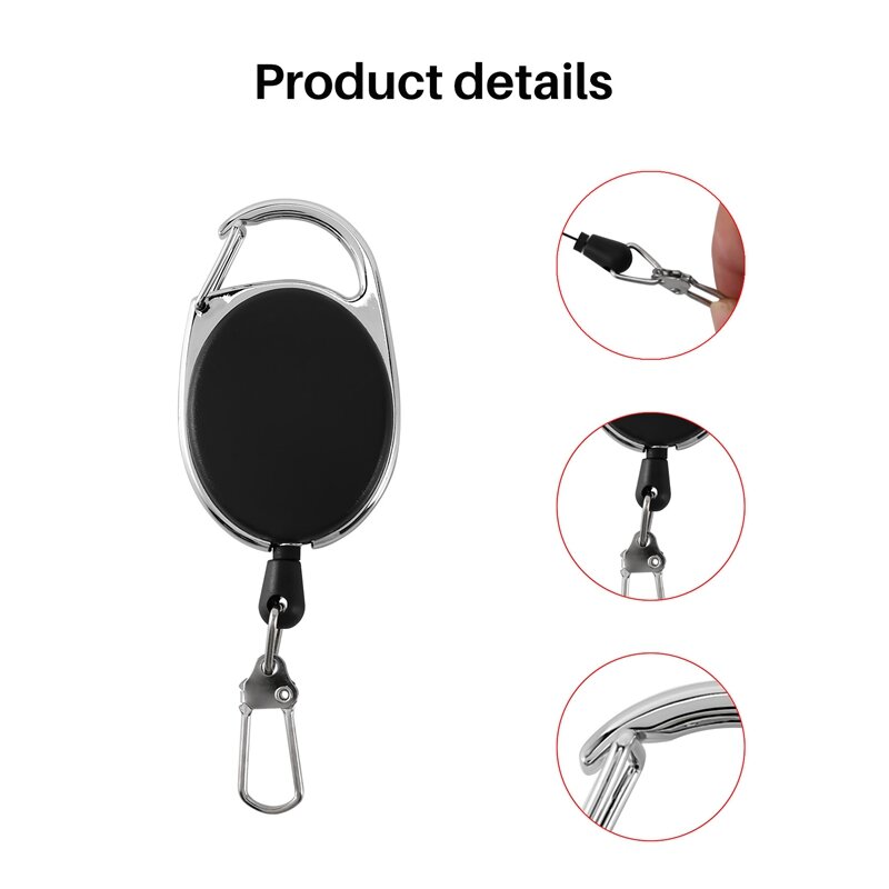 Heavy Duty Retractable Carabiner Badge Tinker Reels 60Cm Pull Wire With Key Ring Clip Black