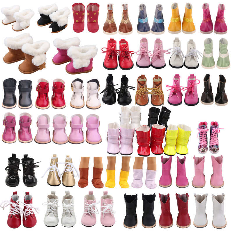 Chaussures en denim grillé en cuir rose pour bébé fille, bottes beurre, baskets pour nouveau-né, accessoires jouet, 7cm, 18 po, 43cm