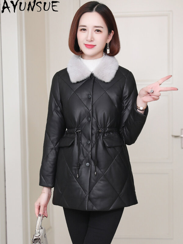 AYUNSUE-jaqueta de couro real para mulheres, casaco de comprimento médio, pele de carneiro genuína elegante, gola de pele de vison, casacos pretos, inverno 2023