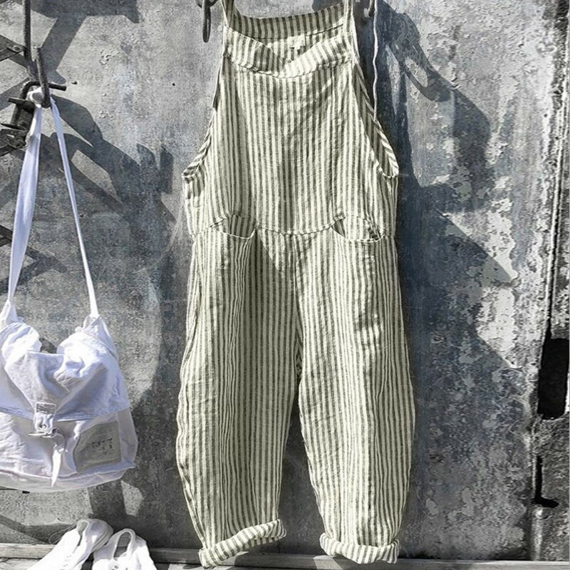 2024 Bohemian Spring Rompers Stripe Casual Women's Long Jumpsuits Fashion Cotton Pockets Overalls Casual High Quality Overalls