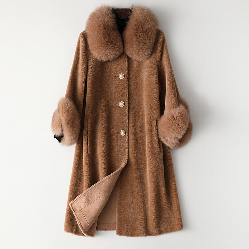 AYUNSUE – veste de tonte de mouton pour femme, manteau d'hiver élégant en laine avec col en fourrure de renard, vêtements d'extérieur, collection 100%