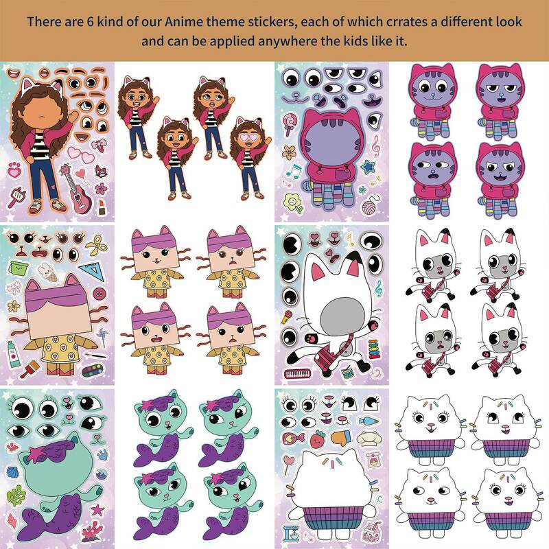 Gabby Dollhouse DIY adesivo dos desenhos animados para crianças, engraçado montar quebra-cabeça, fazer um rosto, brinquedos educativos para crianças, 6 folhas, 12 folhas