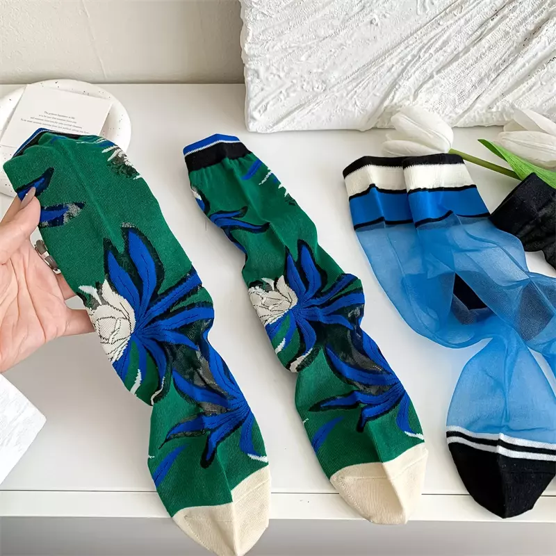 Kaus kaki Wanita ultra tipis, 3 pasang kaus kaki gaya Korea baru musim panas tembus udara bunga kasual Retro