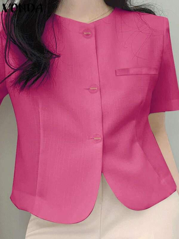Vonda เสื้อ2024ลำลองผู้หญิงเสื้อโค้ทคอกลมสีทึบวินเทจเสื้อสูทแฟชั่น